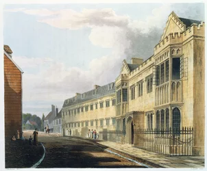 Primeira Casa do Mestre, Escola de Harrow, da &39;History of Harrow School&39;, parte de &39;History of the Colleges&39;, gravada por Joseph Constantine Stadler (fl.1780-1812) pub. por R. Ackermann, 1816 (aquatinta)